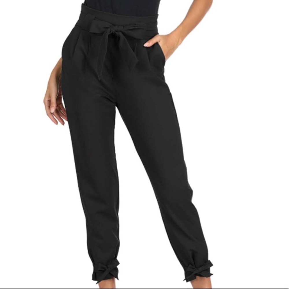 Grace Karin black paper bag bow tie waist & ankle high-rise pants L - NWT!